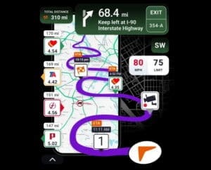 An example route from Trucker Guide, showing total distance, directions, speed limit, and more