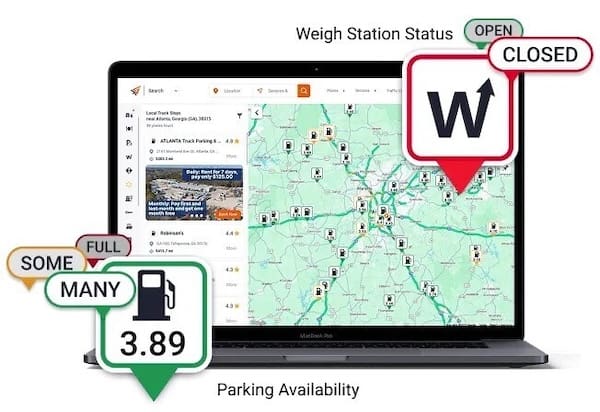 A view of Trucker Guide's web app route planner showing weigh station statuses, low clearances, diesel prices, and parking availability.