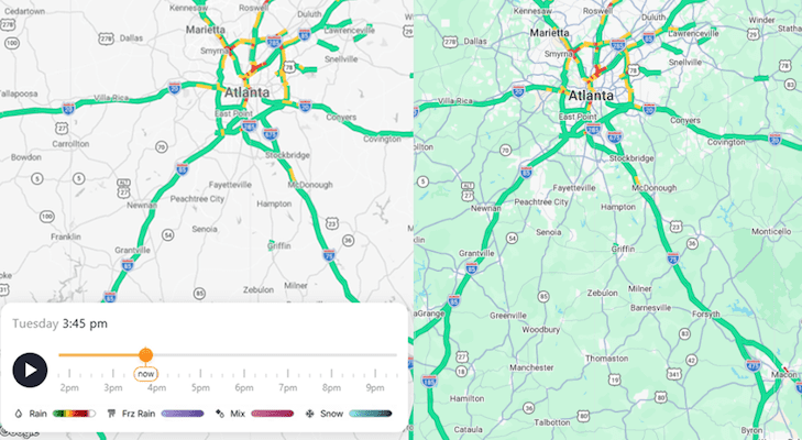 A view of Atlanta in Trucker Guide's weather radar showing weather by the hour